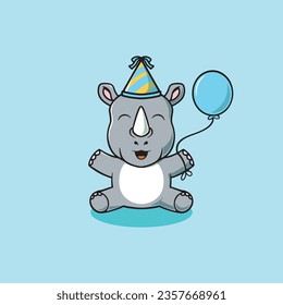 Cute happy rhino on party cartoon illustration