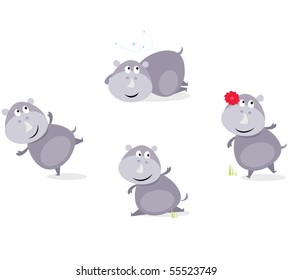 Cute happy Rhinoceros in four poses. Vector cartoon Illustration of cute happy Rhino.