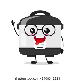 Cute happy rice cooker character wear eyeglasses. Smiling and greet home appliance cartoon emoticon in flat style. closet vector illustration