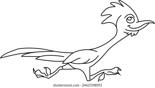 Cute Happy Roadrunner Bird Running Fast with Black and White Line and doted line Art Drawing, Bird, Vector Character Illustration, Outline Cartoon Logo in Isolated White Background.
