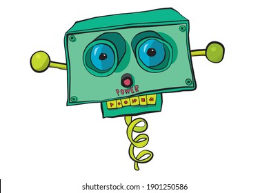 Cabeza de robot feliz con gafas grandes y botones de reproducción en lugar de dientes. Bromas en lugar de orejas. Espiral en lugar de cuello. La cabeza robótica tiene la etiqueta "POWER". Hay un botón de encendido del robot.