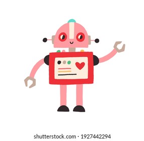 Cute happy robot with heart. Adorable baby character in doodle style. Colored flat cartoon vector illustration isolated on white background