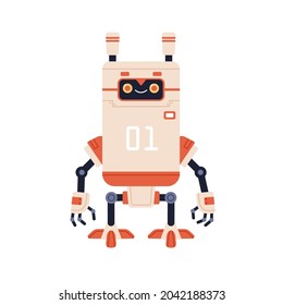 Cute happy robot in old retro style. Funny childish bot toy with smiling friendly face. Kids humanoid machine. Adorable cyborg. Colored flat cartoon vector illustration isolated on white background