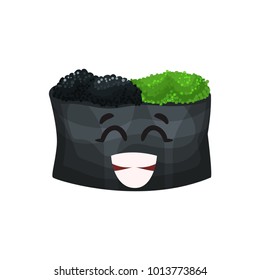 Cute happy roll character with caviar, sushi with funny face cartoon vector Illustration
