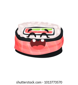 Cute happy roll character, sushi with funny face cartoon vector Illustration