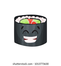 Cute happy roll character, sushi with funny face cartoon vector Illustration