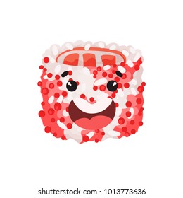 Cute happy roll character, sushi with funny face cartoon vector Illustration