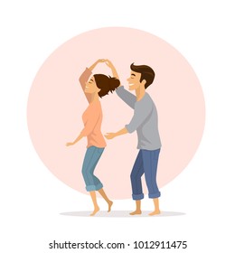 cute happy romantic couple in love having fun dancing  at home 