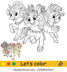 Cute happy running unicorns. Kids coloring book page with color template. Vector cartoon illustration. Educational work page. For coloring, cards, print, design, decor, tattoo,game and puzzle