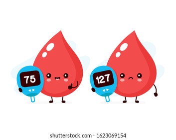 Cute happy and sad blood drop with glucose measuring device character. Vector flat style cartoon illustration icon design.Isolated on white background. Normal and diabetes blood sugar glucometer level
