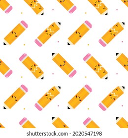 Cute happy and sad broken yellow pencil characters seamless pattern background for back to school design.