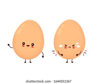 Cute happy and sad cry chicken egg. Vector flat cartoon character illustration icon design.Isolated on white background. Chicken egg, Easter concept