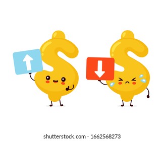 Un personaje alegre y triste sostiene un cartel con flechas. Icono de ilustración de caricaturas planas vectoriales. Aislado sobre fondo blanco. Concepto de signo de dinero,dólar