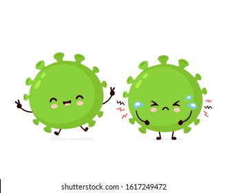 Cute Happy And Sad Cry Good Probiotic Bacteria. Vector Flat Cartoon Character Illustration Icon Design.Isolated On White Background. Enteric Probiotic Bacteria, Gut And Intestinal Flora Concept