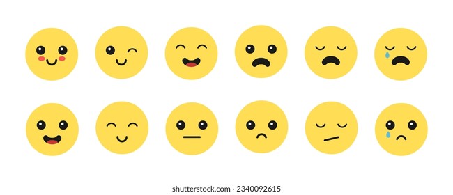 Cute happy and sad emoticon emotions. Japanese style cartoon emoji vector illustration set.