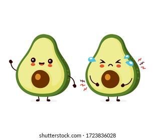 Cute happy and sad funny avocado. Vector cartoon character illustration icon design.Isolated on white background