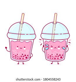 Cute happy and sad funny bubble tea cup. Vector flat line cartoon kawaii character illustration icon. Isolated on white background. Boba, bubble tea concept