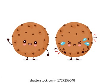 Cute happy and sad funny chocolate cookie. Vector cartoon character illustration icon design.Isolated on white background