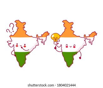 Cute happy and sad funny India map and flag character with question mark and idea light bulb. Vector flat line cartoon kawaii character illustration icon. Isolated on white background. India concept