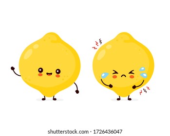 Cute happy and sad funny lemon fruit. Vector cartoon character illustration icon design.Isolated on white background
