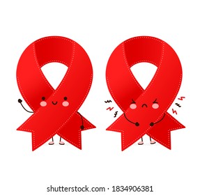 Cute happy and sad funny red ribbon character. Vector cartoon character illustration icon design. Isolated on white background. World aids day red ribbon symbol concept
