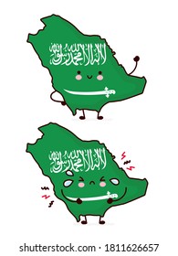 Cute happy and sad funny Saudi Arabia map and flag character. Vector flat line cartoon kawaii character illustration icon. Isolated on white background. Saudi Arabia concept