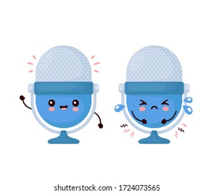 Cute, alegre y triste y divertido micrófono podcast de estudio. Diseño de icono de ilustración de personaje de dibujos animados. Aislado sobre fondo blanco