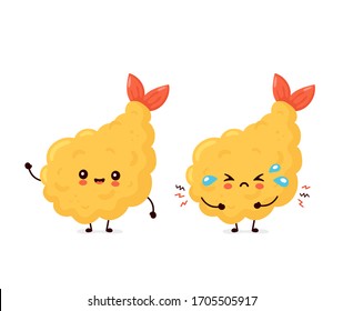 Cute happy and sad funny tempura shrimp. Vector cartoon character illustration icon design.Isolated on white background