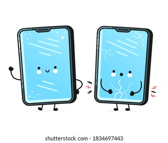 Cute glücklich und traurig Smartphone, Handy-Charakter. Vektorgrafik mit flacher Linie Kawaii Zeichentricksymbol. Einzeln auf weißem Hintergrund. Callphone, Smartphone mit Charakter-Gesicht-Konzept