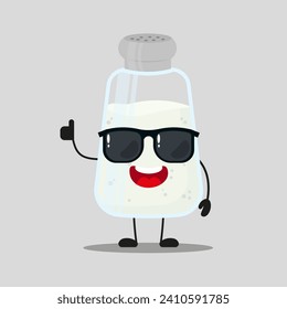 Cute happy salt character wear sunglasses. Funny ingredient greet friend cartoon emoticon in flat style. closet vector illustration