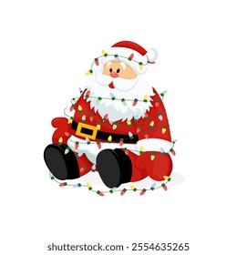 Cute Happy Santa Character with White Beard and Red Hat Tangled up in Colorful Christmas Lights Vector Illustration.