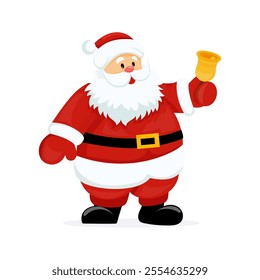 Cute Happy Santa Character with White Beard and Red Hat Hold Bell Vector Illustration.