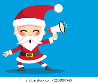 Cute happy Santa Claus character holding megaphone. Christmas sale concept