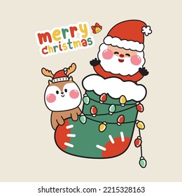 Cute happy santa claus with deer in sock.Merry christmas text.New year festival.Cartoon character hand drawn.Winter season.Kawaii.Vector.Illustration.
