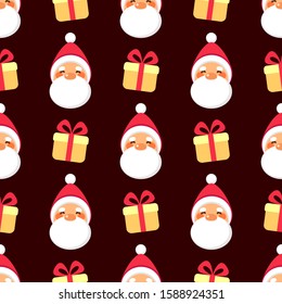 Cute and happy Santa Claus with gift box pattern. Seamless vector illustration in flat style