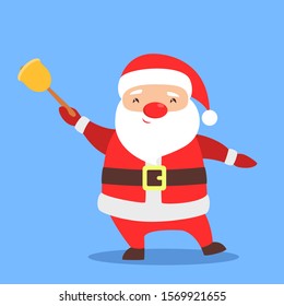 Cute happy Santa Claus holding Christmas golden bell. Holiday season cartoon illustration. Christmas and New Year celebration.