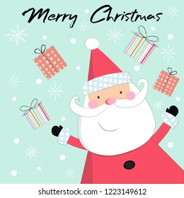 cute happy santa claus and presents with snow and snowflake background,illustration vector comic art for christmas card.