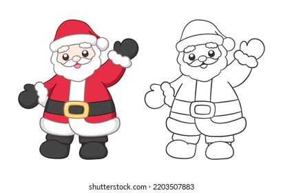 Cute happy Santa Claus waving outline and colored cartoon illustration set. Father Christmas, Kris Kringle, Saint Nick. Winter Christmas theme coloring book page activity for kids and adults.