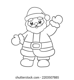 Cute happy Santa Claus waving cartoon outline doodle illustration. Father Christmas, Kris Kringle, Saint Nick. Winter Christmas theme coloring book page activity for kids and adults.