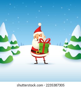 Cute and happy Santa Claus - winter landscape vector illustration