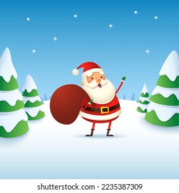 Cute and happy Santa Claus - winter landscape vector illustration