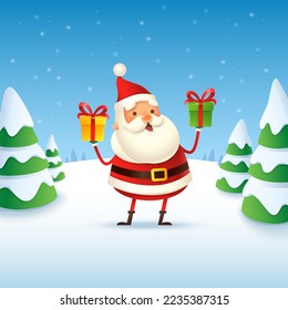 Cute and happy Santa Claus - winter landscape vector illustration