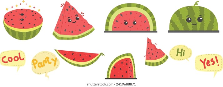 cute happy sassy little watermelon cartoon, cute and naughty, red and green with seed, fresh and healthy, vector isolated cartoon.