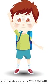 Cute happy school boy with backpack isolated on white kids Cartoon