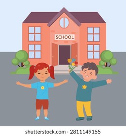 Cute happy school children standing in front of a school building. Flat vector illustration of smiling boy holding flowers and cheerful girl celebrating the first day of school. Colorful educational scene for back to school, elementary education, kindergarten, classroom posters, books, worksheets and learning materials.