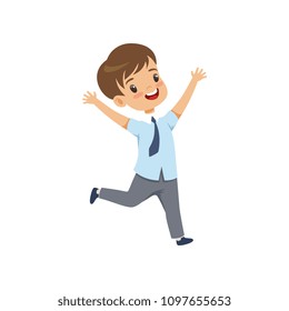 Cute happy schoolboy in uniform running with rising hands vector Illustration on a white background