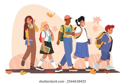 Cute happy schoolchildren cartoon characters going back to school together under falling autumn leaves vector illustration. Diverse students of different age ready for learning and education