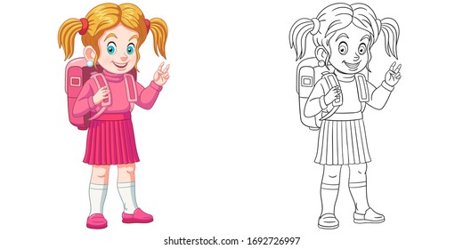 Cute happy schoolgirl with backpack. Coloring page and colorful clipart character. Cartoon design for t shirt print, icon, logo, label, patch or sticker. Vector illustration.