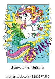 Curiosa sirena de unicornio de mar feliz y chispa de letras. Ilustración vectorial de color de carácter de dibujos animados. Cartel y portada del libro de unicornio. Para tarjetas, impresiones, diseño, pegatinas, decoración, rompecabezas y juegos