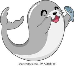 Cute Happy Seal Holding Fish Vector Cartoon Illustration